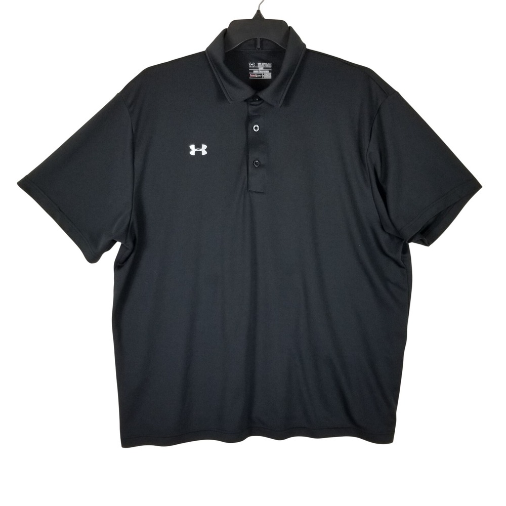 Under Armour Polo Shirt Mens 2XL Black HeatGear Loose Fit Short Sleeve Logo